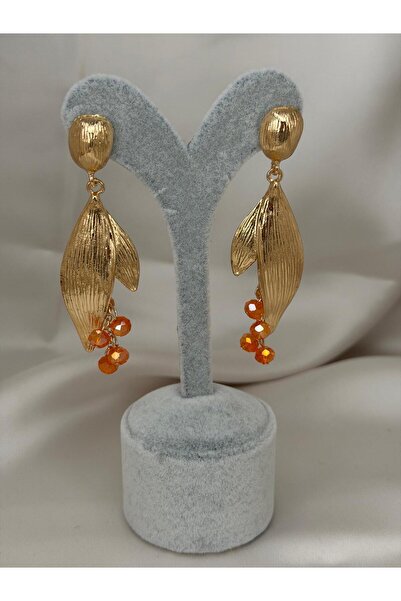 ZS Aksesuar Gold Color Leaf Design Dangle Earrings with Orange Crystal Bead D...