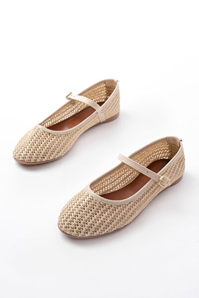 Zerenyus Zri̇n-7432 Premium Beige Mesh Buckle Detailed Daily Ballet Flats