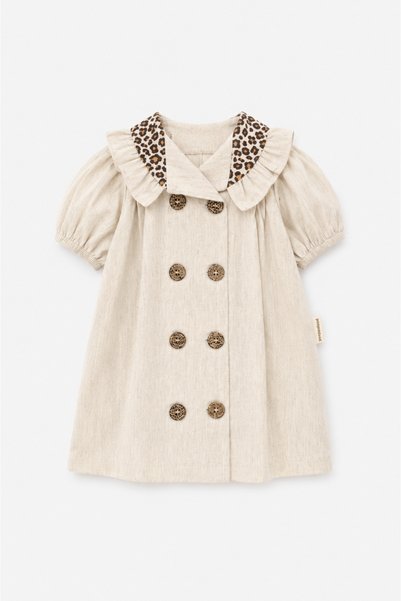 Pmini Ecru Baby Dress with Leopard Collar