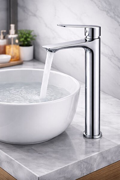 Viosa Lüks Çanak Lavabo Bataryası Yüksek Gövdeli Banyo Musluğu Krom Kaplama T...
