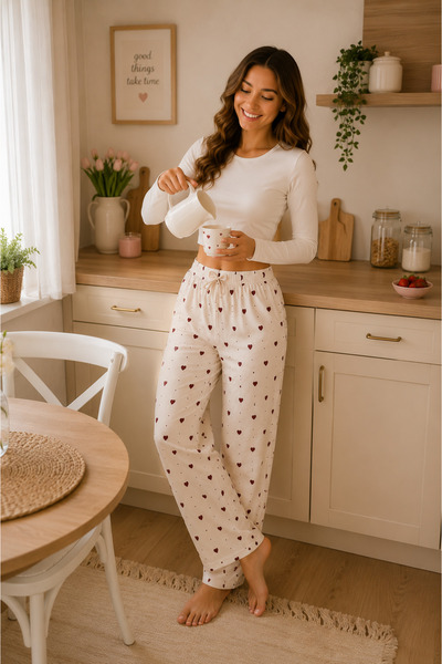 SERPİL Kadın Kalp Desenli Pamuklu Pijama Altı Rahat Kalıp Ev Giyim Pantolonu ...