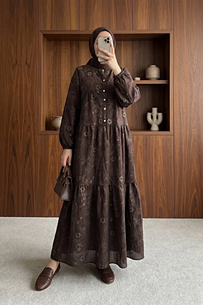 MODAQU Jacquard Print Buttoned Layered Dress - Brown