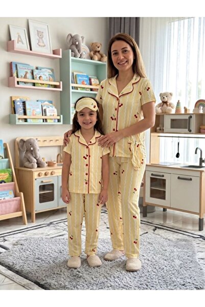tusem butik homewear Mother-Daughter Yellow Cherry Print Short Sleeve Shirt C...