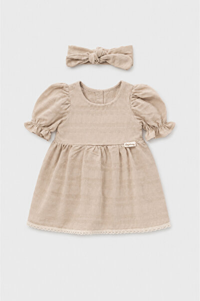 Pmini Beige Baby Dress with Tie at the Back and Scalloped Hem