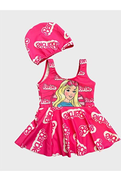 tusem butik homewear Kız Çocuk Pembe Sevimli Karakter Desenli Etekli Boneli Mayo