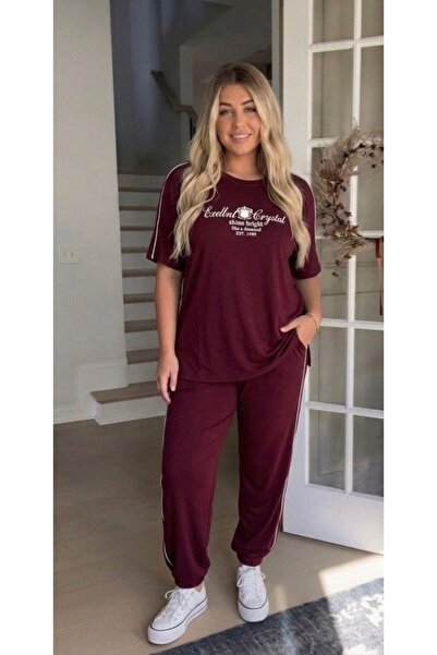 Koza Butik Women's Plus Size Short Sleeve Embossed Printed Side Stripe Tracks...