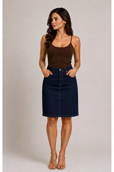 TugsatTasarTekstil Women's High Waist Navy Blue Summer Denim Skirt with Back ...