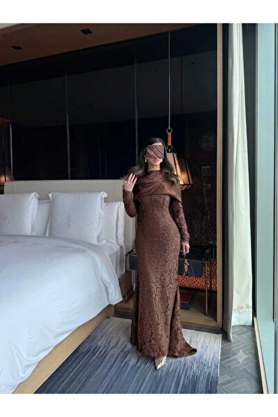 REVE Elegant Long Brown Lace Dress with Chiffon Shawl and Full Sleeves.