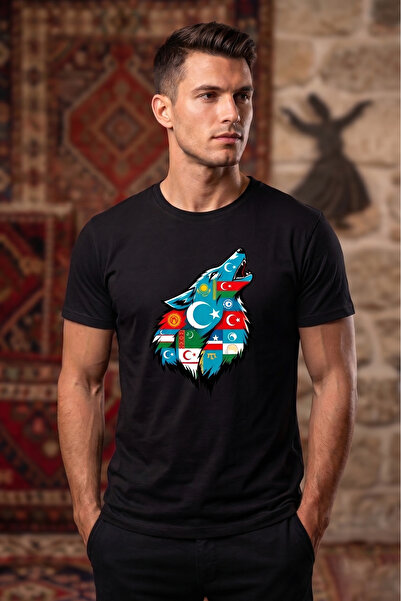 WİDİ Unisex Turkish States Flag and Bozkurt Printed Regular T-Shirt