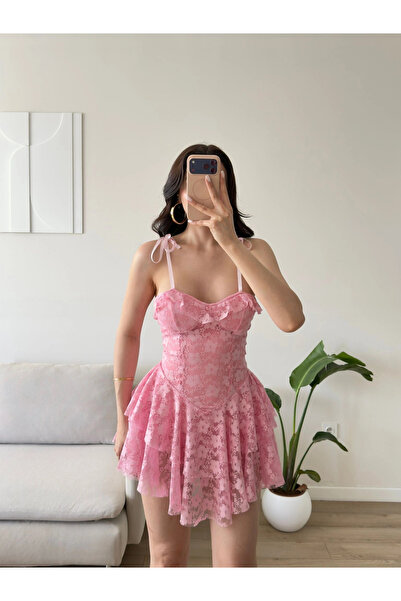 Zoom Butik Şortlu Bel Korse Dantel Elbise - PEMBE