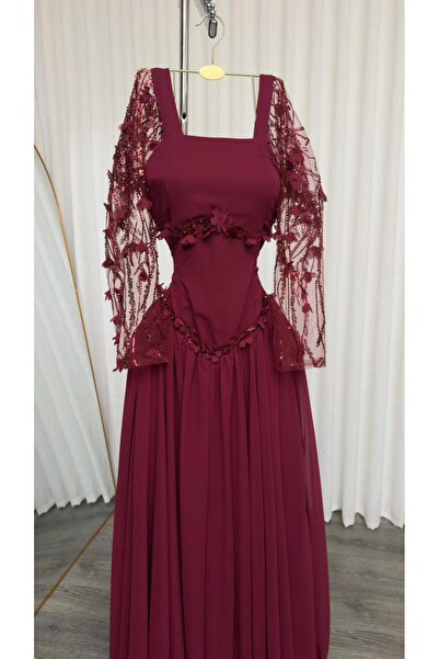 SERA Burgundy Evening Dress with Embroidered Sleeves