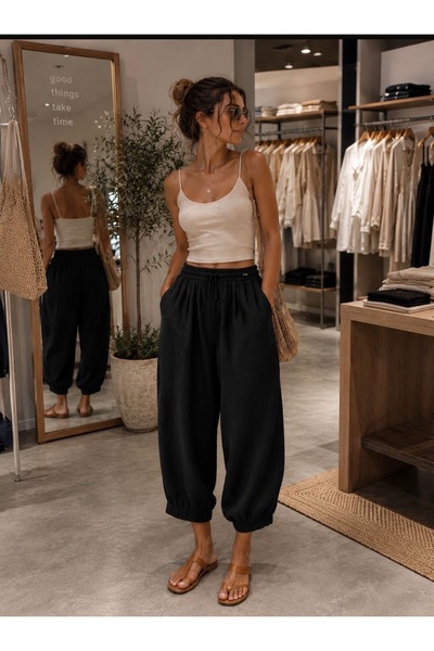 La cannee – Luna Muslin Shalwar Trousers-Black