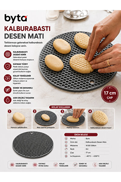 BYTA Silikon Güçlü Nihale ve Kalburabastı Desen Matı 17 cm – Petek Desenli Ta...