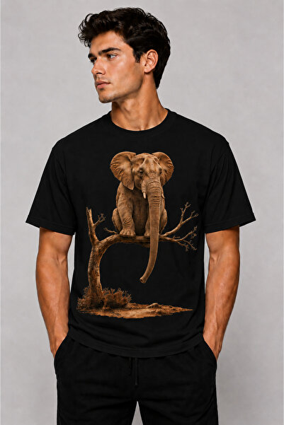 VODEXA Men's Oversize T-Shirt Sitting Elephant Printed 100% Cotton T-Shirt Co...
