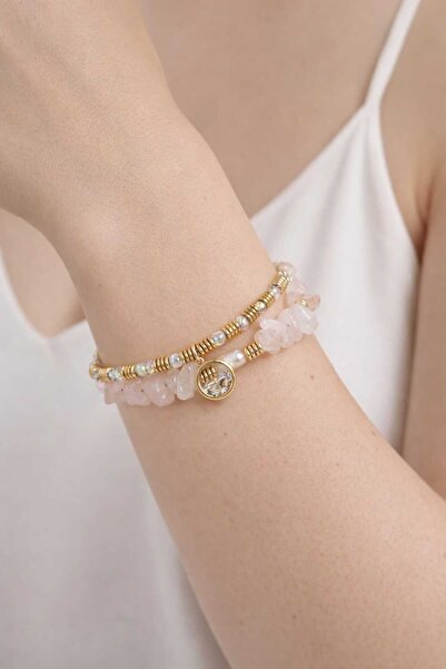 Feyz Tasarım Feyz Pink Quartz & Pearl Chram Bracelet