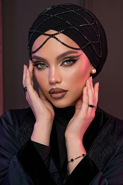 PERLMUTT Siyah Kristal Taşlı Hijab Crown Nişan Kına,Tesettür Kafa Aksesuarı T...