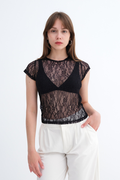 Addax Prozirna čipkasta bluza sa okruglim izrezom P0857