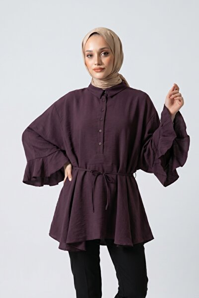 Lunfia Yarasa Kol Düğmeli Oversize Modal Tunik - Mürdüm