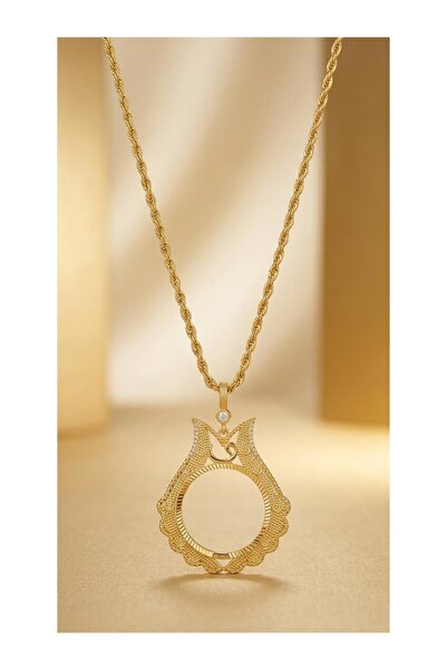 Vipfoni Zircon Stone Half Gold Pendant with Frame and Rope Chain 60 cm