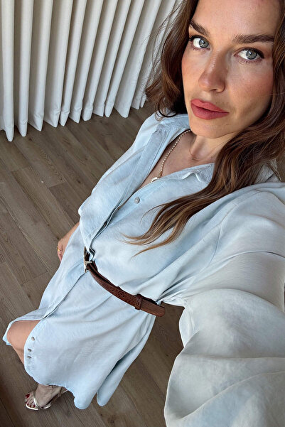 Sue Store Ice Blue Oversize Belted Modal Shirt Dress