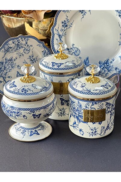 MD MİMOZA DEKOR Blue Life Enamel 3 Piece Jar Set