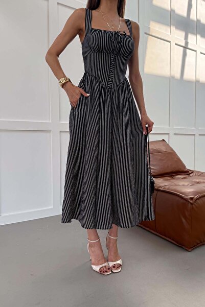 mylove Striped Drawstring Chest Detail Dress Black