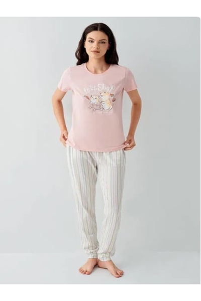 Arnetta Set de pijamale mamă-fiică, 100% bumbac, galben/roz, cu dungi (SETURILE VĂRĂȚĂNE CU UN PREȚ INDEPENDENT)