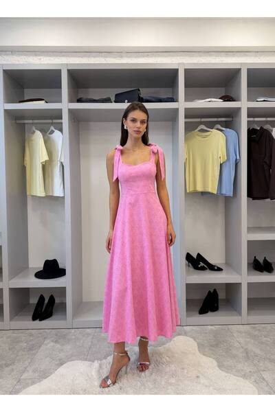 FLOWERİNG Rochie maxi brodată roz, cu bretele, pentru femei
