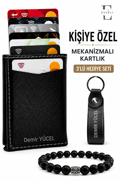 EVVELİ Kişiye Özel Mekanizmalı Kartlık Cüzdan Anahtarlık Bileklik Seti - İsim...