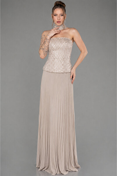 FOR COSTUME فستان سهرة طويل بدون حمالات مزين بالترتر 10397