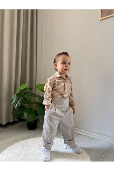 favorimkids طقم أطفال رمادي كريمي للأولاد مع قميص بوتيكار، مجموعة خاصة للمناسبات