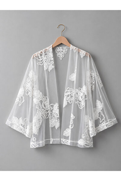 Retrobird Design Transparent Lace Boho Mini Kimono Women White