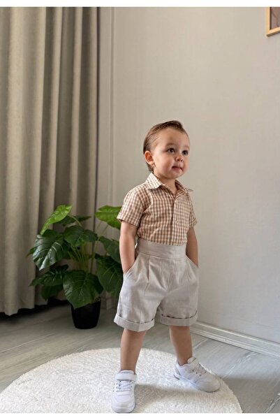favorimkids Krem Gri Erkek Bebek Çocuk Takım Pötikare Gömlekli Özel Gün Kombini