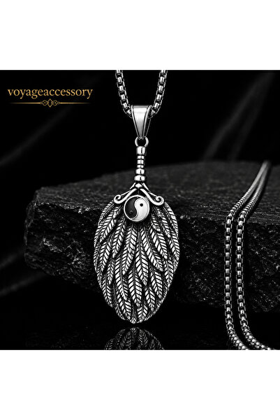 voyageaccessory قلادة يين يانغ من الفولاذ المقاوم للصدأ بتصميم ريشة من السيرا...
