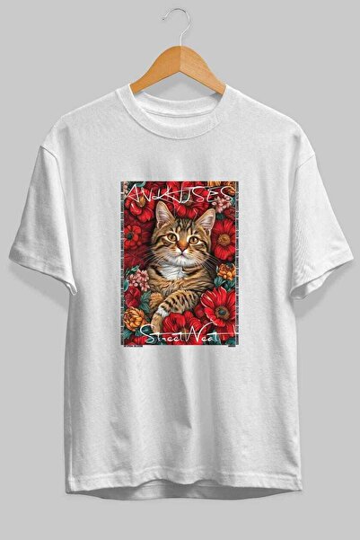 Ankhises For the Love of Cats 1 Front Cat Printed White Oversize T-Shirt 100%...