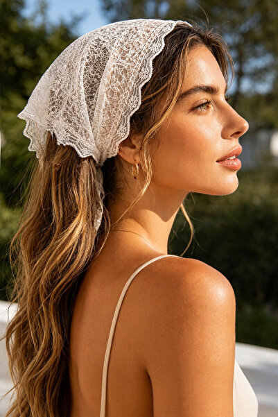 H&E LUXURY DESIGN Kadın Beyaz Dantel Yazlık Bağlamalı Saç Bandanası
