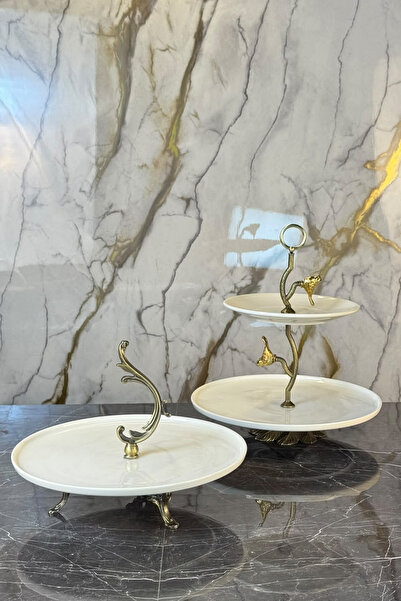 MAY HOME 2 Parça Eskitme Porselen Sunumluk Set & Kurabiyelik Kek Pasta Tabağı