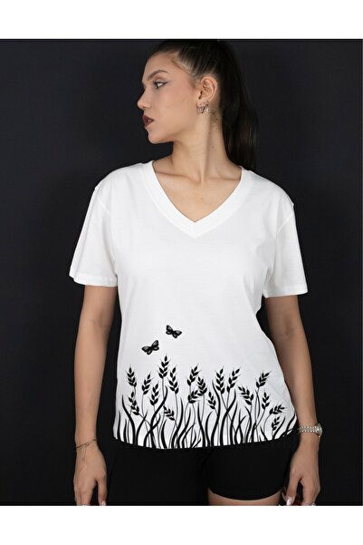Krays V-Neck Women's T-Shirt with Spike and Butterfly Pattern - Cotton White ...