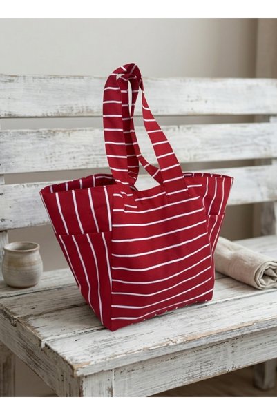 LUNAFEL Premium Red and White Striped Fabric Women's Shoulder Bag with Pockets - Waterproof Fabric