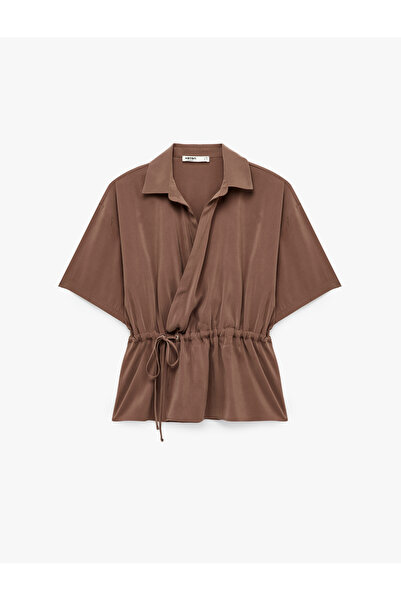 Koton Viscose Double-Breasted Collar Lace-Up Waist Short Sleeve Shirt