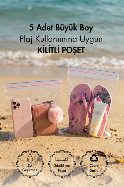Bimotif 5li Plaj için Büyük Boy Kilitli Eşya Saklama ve Muhafaza Poşet Seti, ...