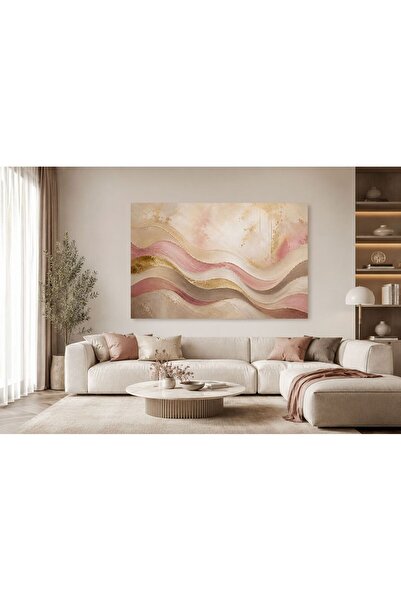 walliva Premium Soft Wave Gold & Blush Soyut Dalga Kanvas Tablo – Pudra Pembe...