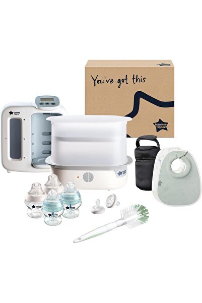 tommee tippee مجموعة تغذية الأطفال المتكاملة، جهاز تعقيم بالبخار كهربائي، زجا...