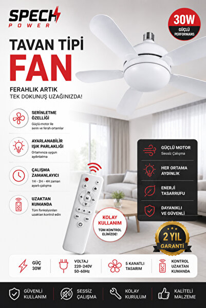 Spech Power Tavan Tipi Fan 5 Kanatlı Tavan vantilatörü Uzaktan Kumandalı Şık ...