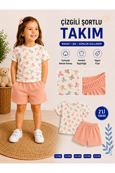 Kinlee Kız Çocuk Fiyonk Baskılı Şortlu Takım Kısa Kollu Yazlık Takım