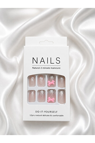 LUNIVRA Pembe Fiyonk Detaylı Simli Nude 12'li Takma Tırnak Seti Press On Nail