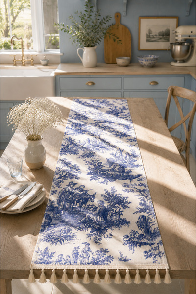 Luxoras Home Fransız Köylü Desenli Duck Kumaş Runner Ucu Püsküllü Vintage Cou...