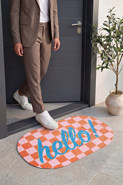 Cool Halı Passy Hello Yazılı Kapı Önü Paspası Retro Kareli Desenli Şık Renkli...