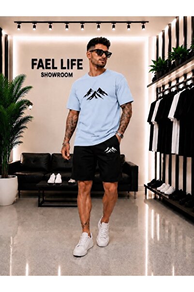 FAEL LİFE Unisex Wide Cut T-Shirt and Shorts Set with Mountain View Print