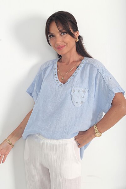 By Saygı Women's Italian Linen Zınmbalı V-Neck Single Pocket Shoulders Embroi...